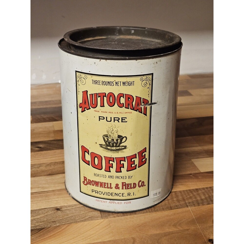 Vintage Brownell & Field Providence RI Autocrat Coffee 3lb Tin W/ Off-Center Lid